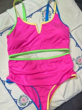 Women’s High Waisted Neon Pink Bikini with colorful trim